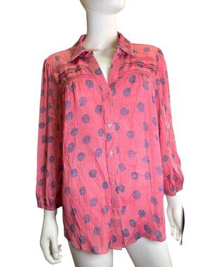 Hope & Harlow Pink Polka Dot Button-Down Blouse XL Lightweight Rayon Blend EUC
